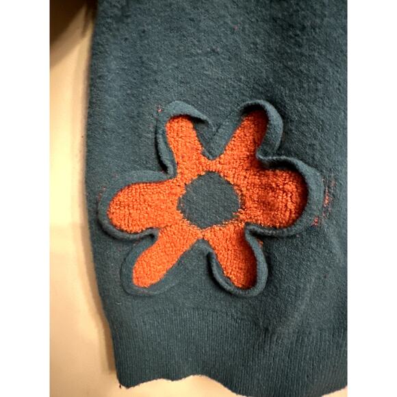 Jodifl Teal Sweater with Textured Orange Flower Appliqué – Retro Floral Knit - Picture 3 of 5